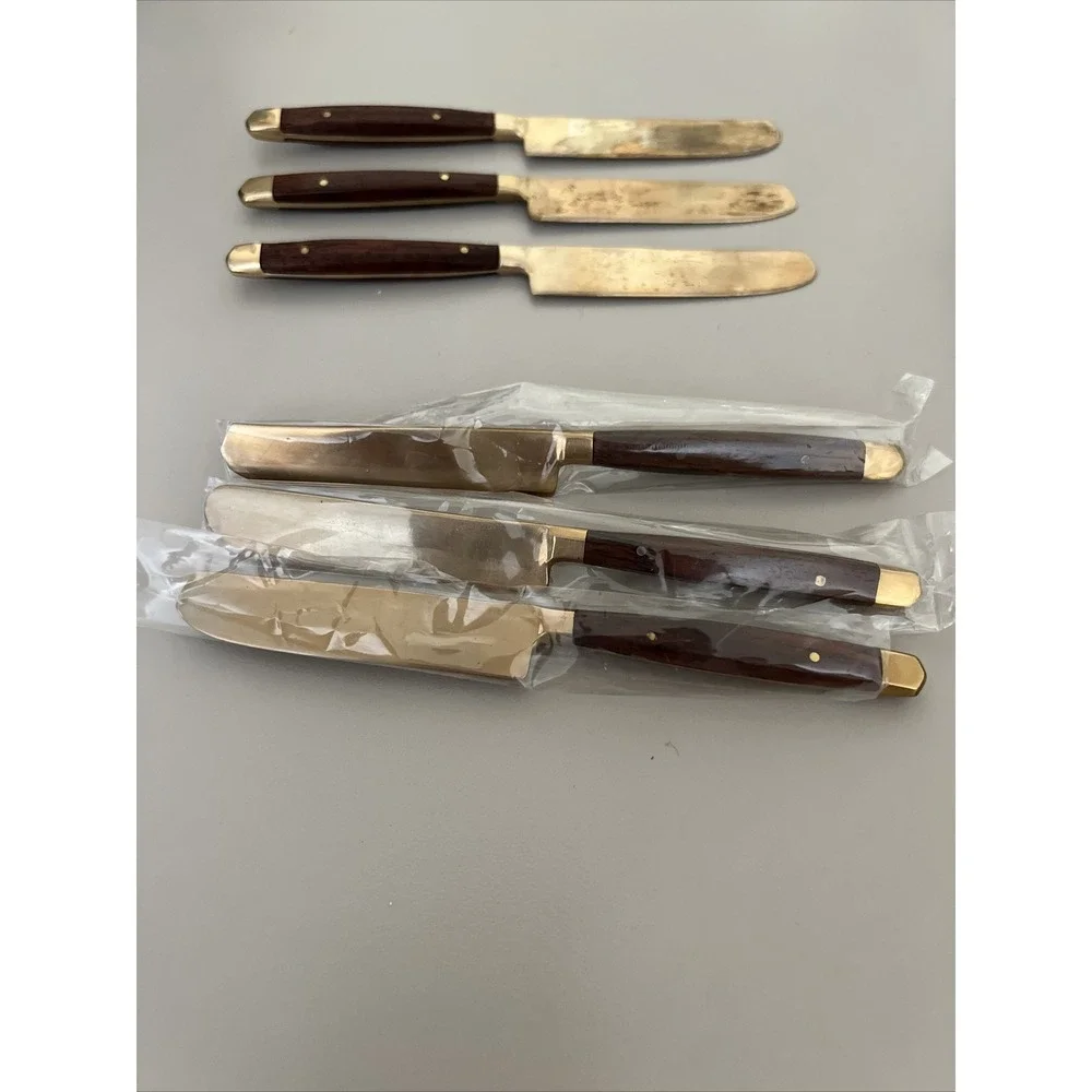 Williams Sonoma Party Butter Knives Set of 6 Teak Gold Tone 70s